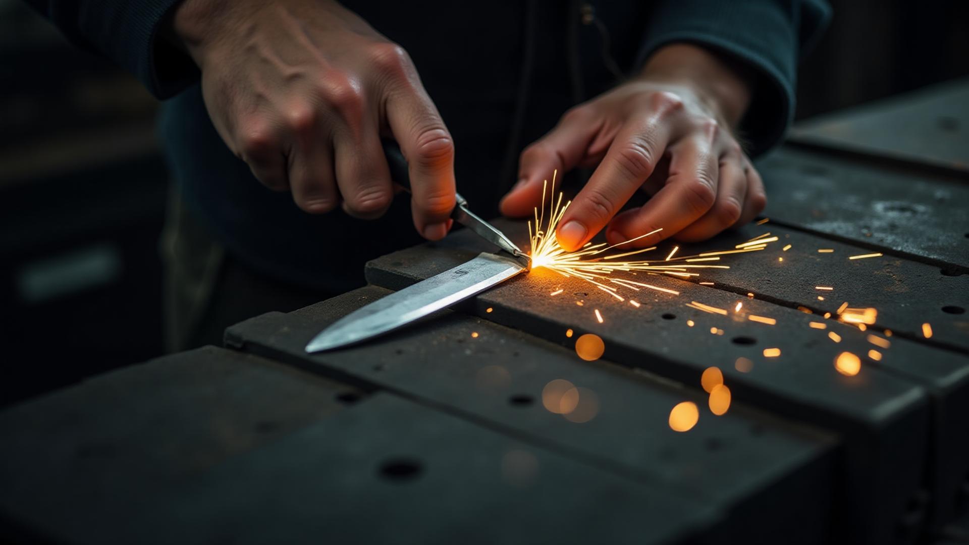 TRC workshop craftsman hand-finishing a blade with precision grinding equipment in Ukmerge, Lithuania