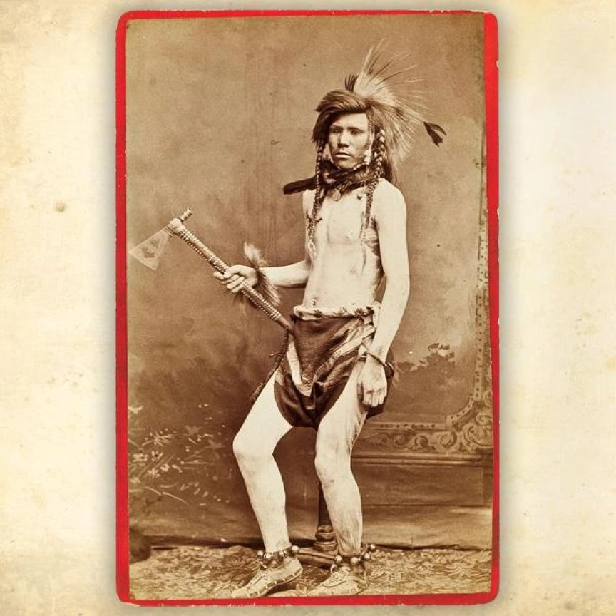 Historical portrait of a Powhatan warrior holding a tomahawk
